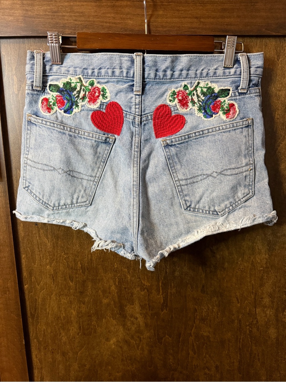 Lucky Brand Light Blue Denim Shorts with Red Heart & Floral Embroidery